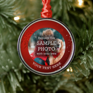 Red Snowflake White Stars Foto Benutzerdefinierter Ornament Aus Metall