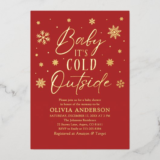 Red Snowflakes Baby Es ist kalt Outside Baby Dusch Folieneinladung (Vorderseite)