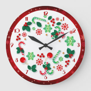 Red Snowflakes Border Simply Christmas Große Wanduhr