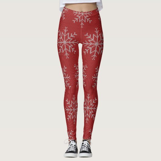 Red Snowflakes Christmas Sweater Strick Pattern Leggings (Vorderseite)