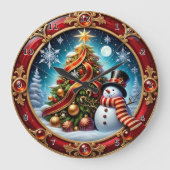 Red Snowman Christmas Ribbon Große Wanduhr (Vorderseite)
