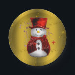 Red Snowman on Gold Christmas Pappteller<br><div class="desc">Eine festliche Weihnachtsfeier mit einem fröhlich aussehenden Schneemann mit roter Samtweste und einem Hut auf goldenem Hintergrund,  um Ihrem Weihnachtsgeschenk eine echte Touch von Farbe und Kultur zu geben.</div>
