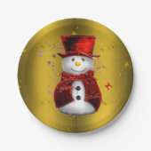 Red Snowman on Gold Christmas Pappteller (Vorderseite)