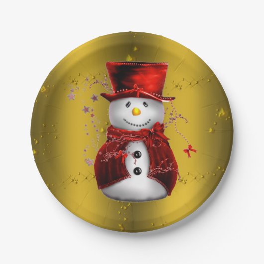 Red Snowman on Gold Christmas Pappteller (Vorderseite)