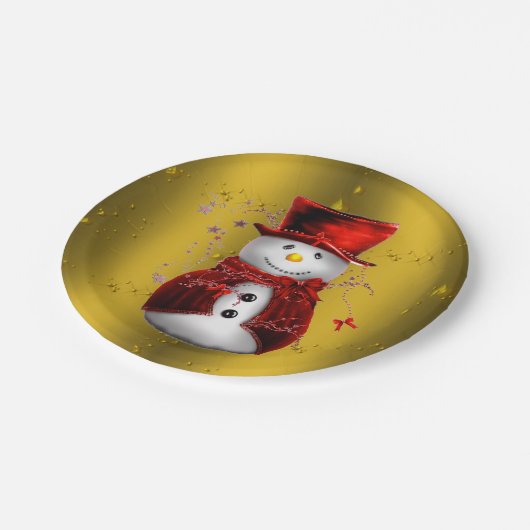 Red Snowman on Gold Christmas Pappteller (Schrägansicht)