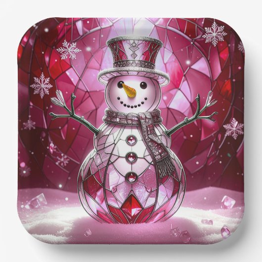 Red Snowman Snowflakes Holiday Paper Plate Pappteller (Vorderseite)