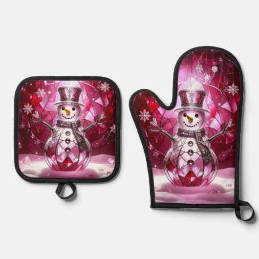 Red Snowman Snowflakes Ofenhandschuh & Topflappen-Set (Vorderseite)