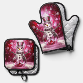 Red Snowman Snowflakes Ofenhandschuh & Topflappen-Set