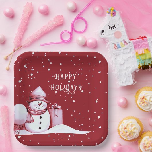 Red Snowman Snowy Weihnachtsfeiertag Pappteller (Party)