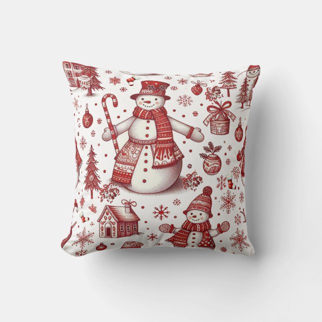 Red Snowman Toile Wintermuster Kissen (Vorderseite)