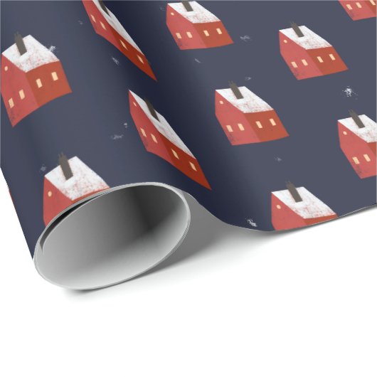 Red Snowy Hütte Pattern Navy Blue Geschenkpapier (Rolleneckpunkt)
