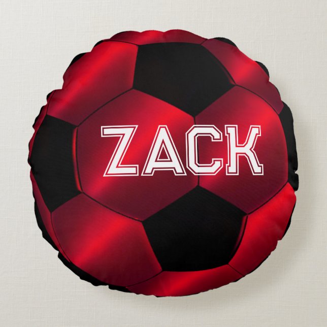 Red Soccer Ball Name Round Pillow Rundes Kissen (Vorderseite)