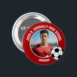 Red Soccer Player Photo High School Spirit Button<br><div class="desc">This cool customized high school soccer player photo gift features white typography of your team and player name on a red button with a soccer ball. Personalize with your student's photograph and class year as a proud futbol parent. A mom and dad can wear these buttons to sports games.</div>