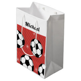 Red Soccer Strip Festivals Ball & Snow Boys Name Mittlere Geschenktüte
