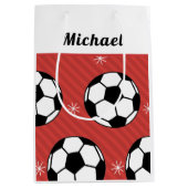 Red Soccer Strip Festivals Ball & Snow Boys Name Mittlere Geschenktüte (Vorderseite)