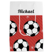 Red Soccer Strip Festivals Ball & Snow Boys Name Mittlere Geschenktüte (Rückseite)