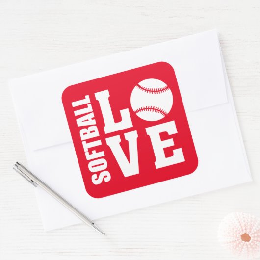 Red Softball Liebe Quadratischer Aufkleber (Umschlag)