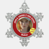 Red Softball Player Photo High School Keepsake Schneeflocken Zinn-Ornament (Vorderseite)