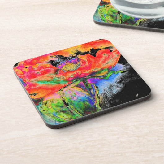 Red Solar Poppy - schwarzer Hintergrund Untersetzer (Linke Seite)