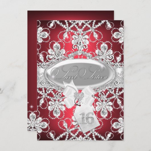 Red Sparkle Diamond Tiara Princess Sweet 16 Einlad Einladung (Vorne/Hinten)
