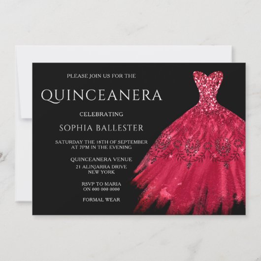 Red Sparkle Gown Black Quinceanera Dress Party Einladung (Rückseite)