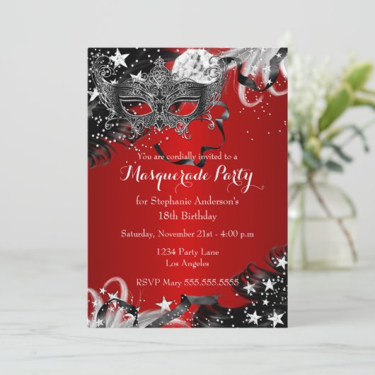 Red Sparkle Magical Night Masquerade Party laden Einladung (Stehend Vorderseite)