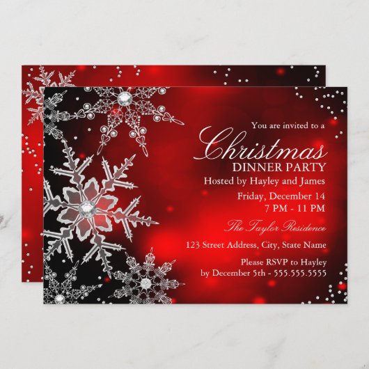 Red Sparkle Snowflake Weihnachtsabend Party Einladung (Vorne/Hinten)