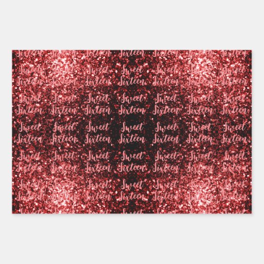Red sparkles Sweet 16 script pattern Geschenkpapier Set (Vorderseite 3)