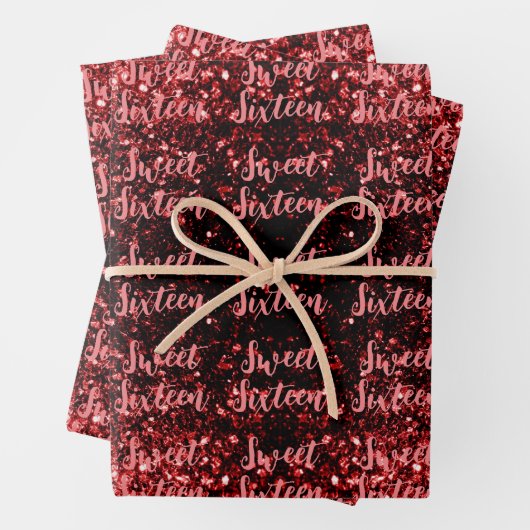 Red sparkles Sweet 16 script pattern Geschenkpapier Set (Beispiel)