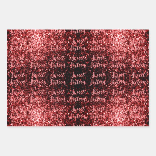 Red sparkles Sweet 16 script pattern Geschenkpapier Set (Vorderseite)