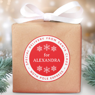 Red Special Delivery from Santa North Pole Name Runder Aufkleber