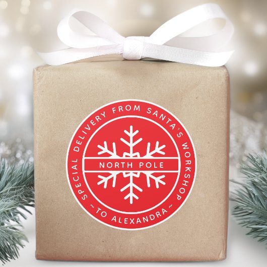 Red Special Delivery from Santa to Name North Pole Runder Aufkleber