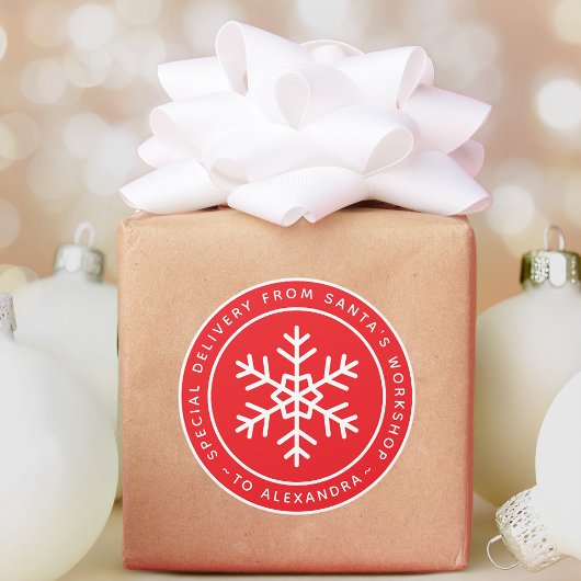 Red Special Delivery from Santa to Name Snowflake Runder Aufkleber