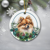 Red Spitz Dog Evergreen Berry Wreath Keramik Ornament