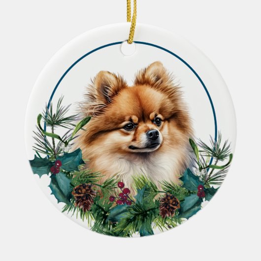 Red Spitz Dog Evergreen Berry Wreath Keramik Ornament (Vorne)