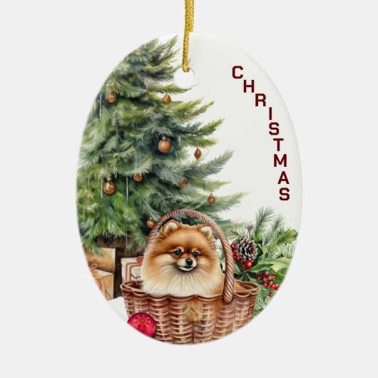 Red Spitz Dog Wicker Weihnachtskorb Keramik Ornament (Vorne)