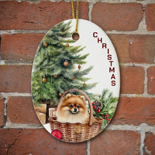 Red Spitz Dog Wicker Weihnachtskorb Keramik Ornament