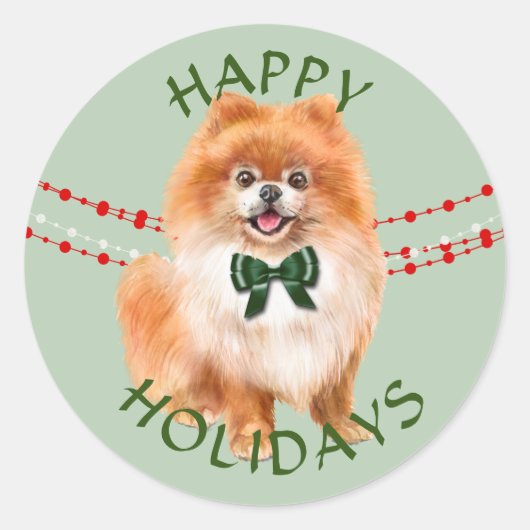 Red Spitz Green Bow Happy Holidays Runder Aufkleber (Vorderseite)