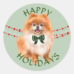 Red Spitz Green Bow Happy Holidays Runder Aufkleber