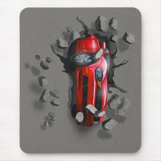 Red Sports Car bricht durch eine Mauer Mousepad (Vorne)