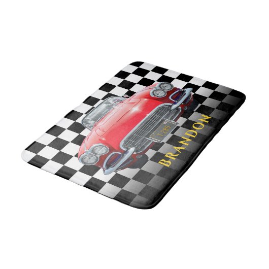 Red Sport's Car, Gold Name, B/W Checkered Badematte (Schrägansicht)