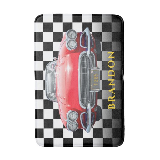 Red Sport's Car, Gold Name, B/W Checkered Badematte (Vorderseite Vertikal)