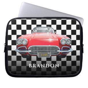 Red Sport's Car, White Name, B/W Checkered Laptopschutzhülle