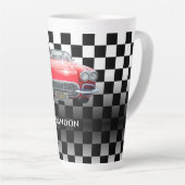 Red Sport's Car, White Name, B/W Checkered Milchtasse (Rechte Ecke)