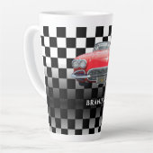 Red Sport's Car, White Name, B/W Checkered Milchtasse (Linke Ecke)
