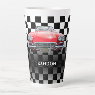 Red Sport's Car, White Name, B/W Checkered Milchtasse