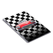 Red Sport's Car, White Name, B/W Checkered Notizblock (Rechte Seite)