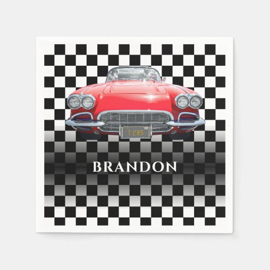 Red Sport's Car, White Name, B/W Checkered Serviette (Vorderseite)