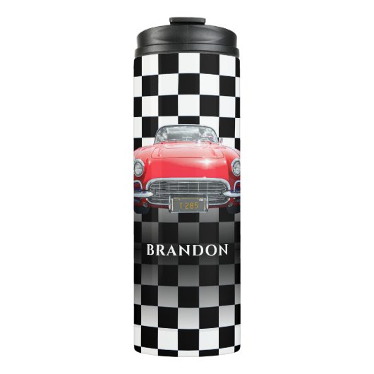 Red Sport's Car, White Name, B/W Checkered Thermosbecher (Vorderseite)
