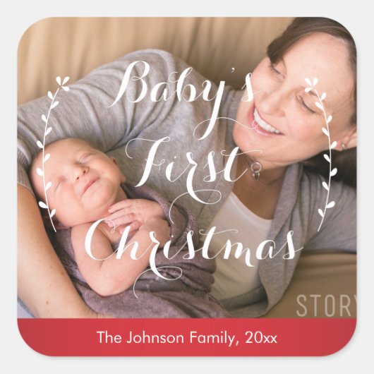 Red Square Baby's First Christmas Foto Stickers (Vorderseite)